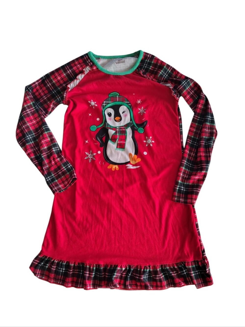 Christmas Penguin Plaid Girls Red Green Black Super Soft Nightgown Size Large